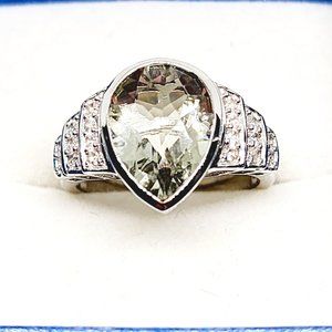 Montezuma Prasiolite (Green Amethyst) & Zircon ring in Plat/925SS sz 9 5.25cts